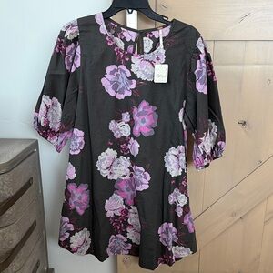 NWT Free People Black Dress with Pink and Purple Floral Pattern Size M